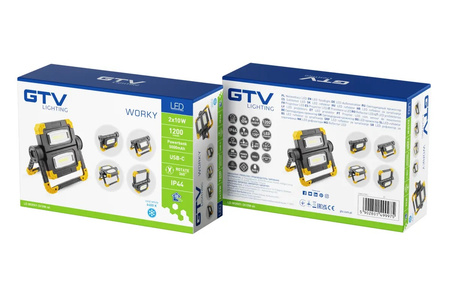 GTV Naświetlacz WORKY LED, 2x10W COB, 1200lm, 6400K, Powerbank 5000mAh 5V 1A, USB-C, IP44 LD-WORKY-2X10W-64